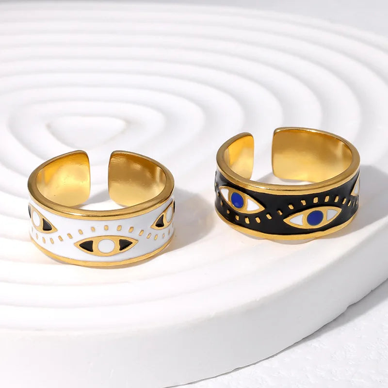 Personality Open Black White Enamel Devil Eye Finger Ring Oil Dripping Stainless Steel Evil Eyes Ring Jewelry