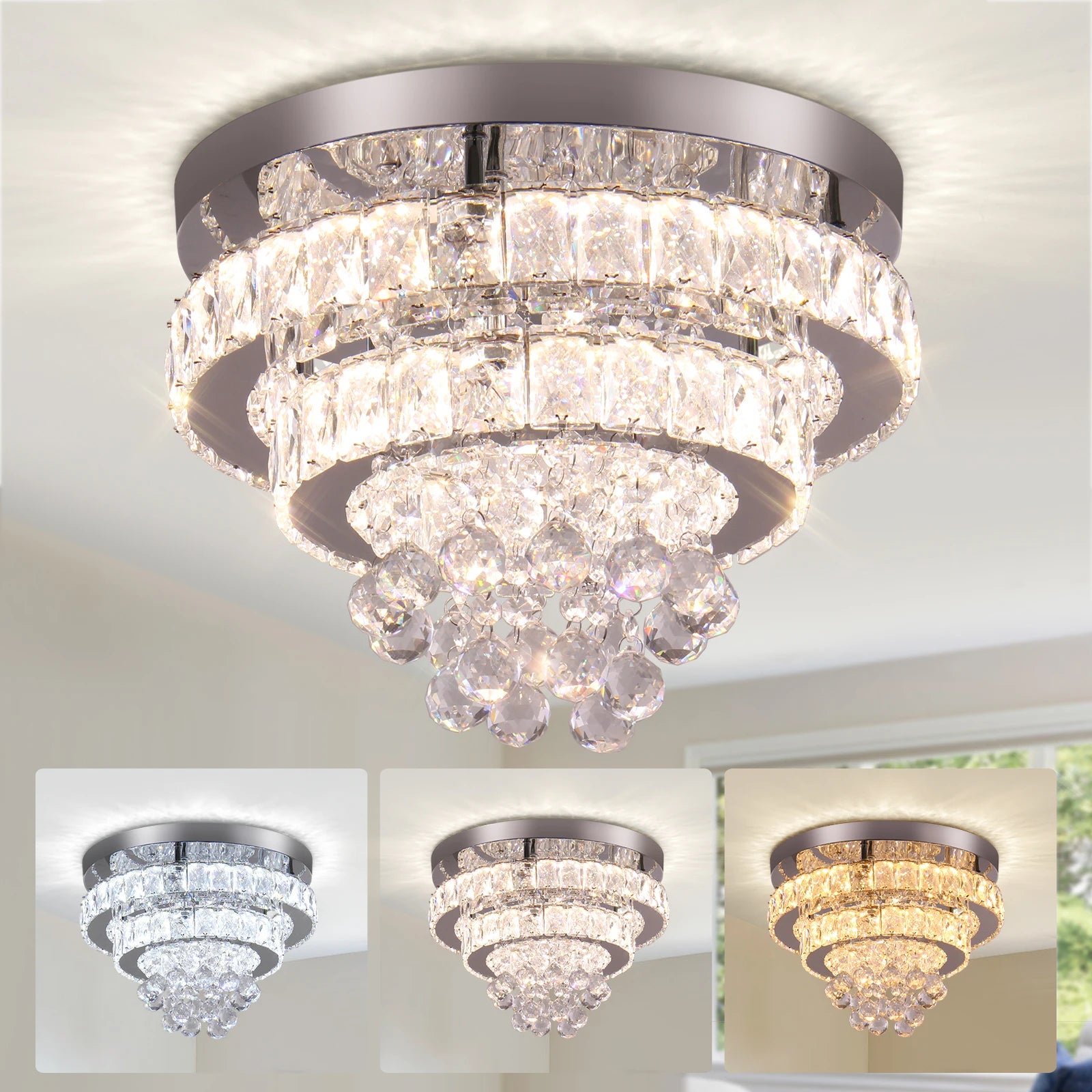 Dimmable K9 Crystal LED Ceiling Light 3 Color Changeable with Remote Control for Home & Room for Living Room