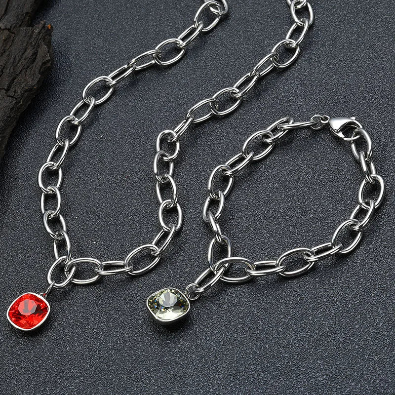 VEROMCA Wholesale Stainless Steel Bracelet Red Green Zircon Jewelry Set Fashion Chains Necklace for Girls