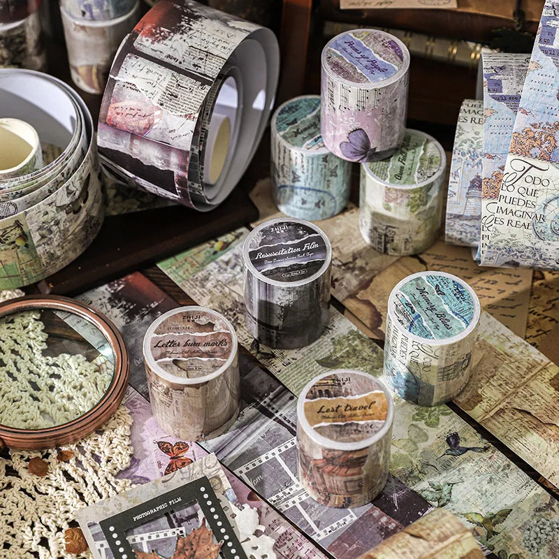 Akeno Old Letter Series European Theme Handbook Collage 1 Roll Vintage White Leather Tape Water Activated Rubber PET for Masking