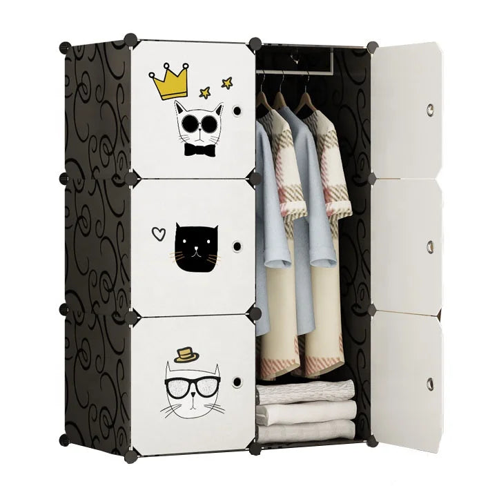 Modern Folding 6 Cube Small Plastic Kids Toys Wardrobe 1 Hanger Black White Cartoon Door Portable Living Room Storage Cabinet