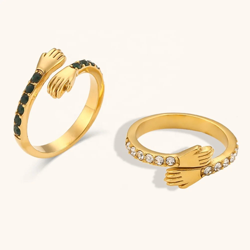 Ding Ran New Design Zircon Hug Rings 18K Gold Plated Stainless Steel Adjustable Rings for Couple