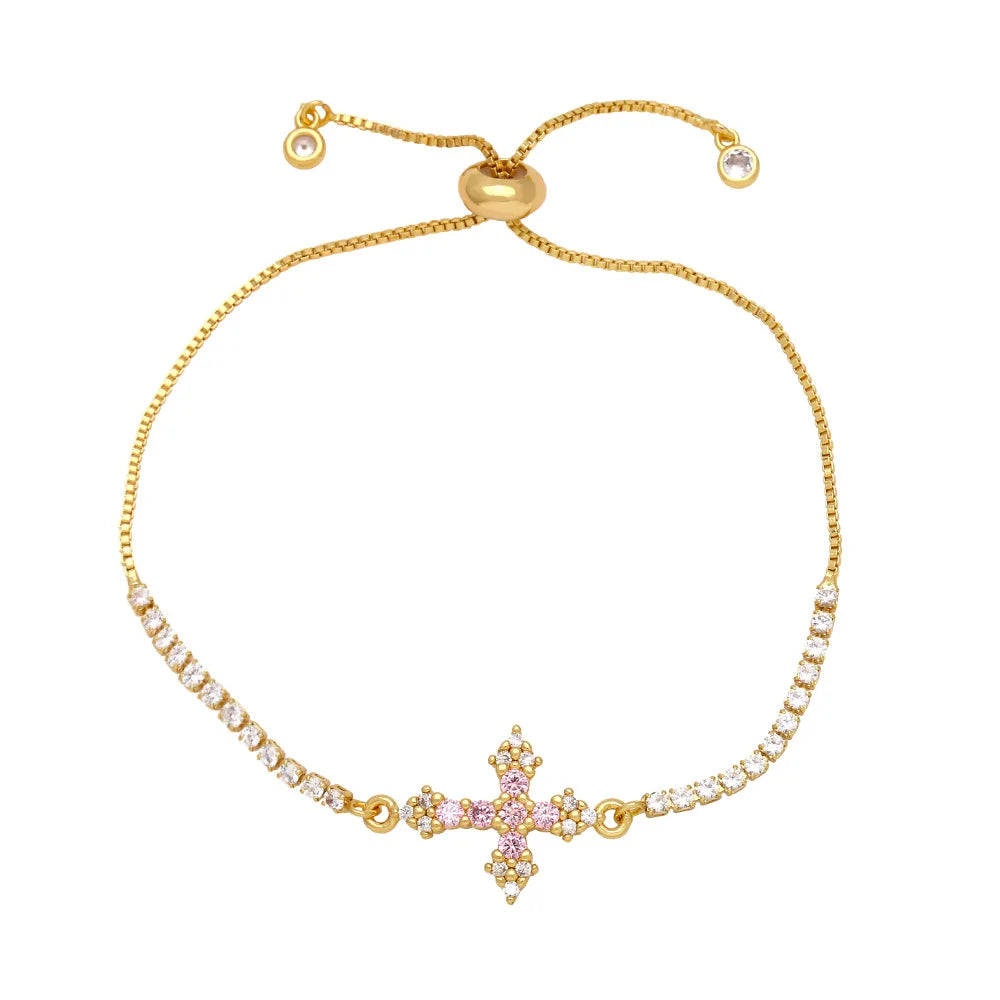 Pulsera De Cruz Large Tennis Chain Bracelets Adjustable Colorful Cubic Zirconia CZ Cross Charm Bracelet for Women