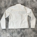 DENIMGUYS Custom Embroidery Leather Patch Streetwear Utility Hip Hop White Pleated Pu Leather Jacket Men