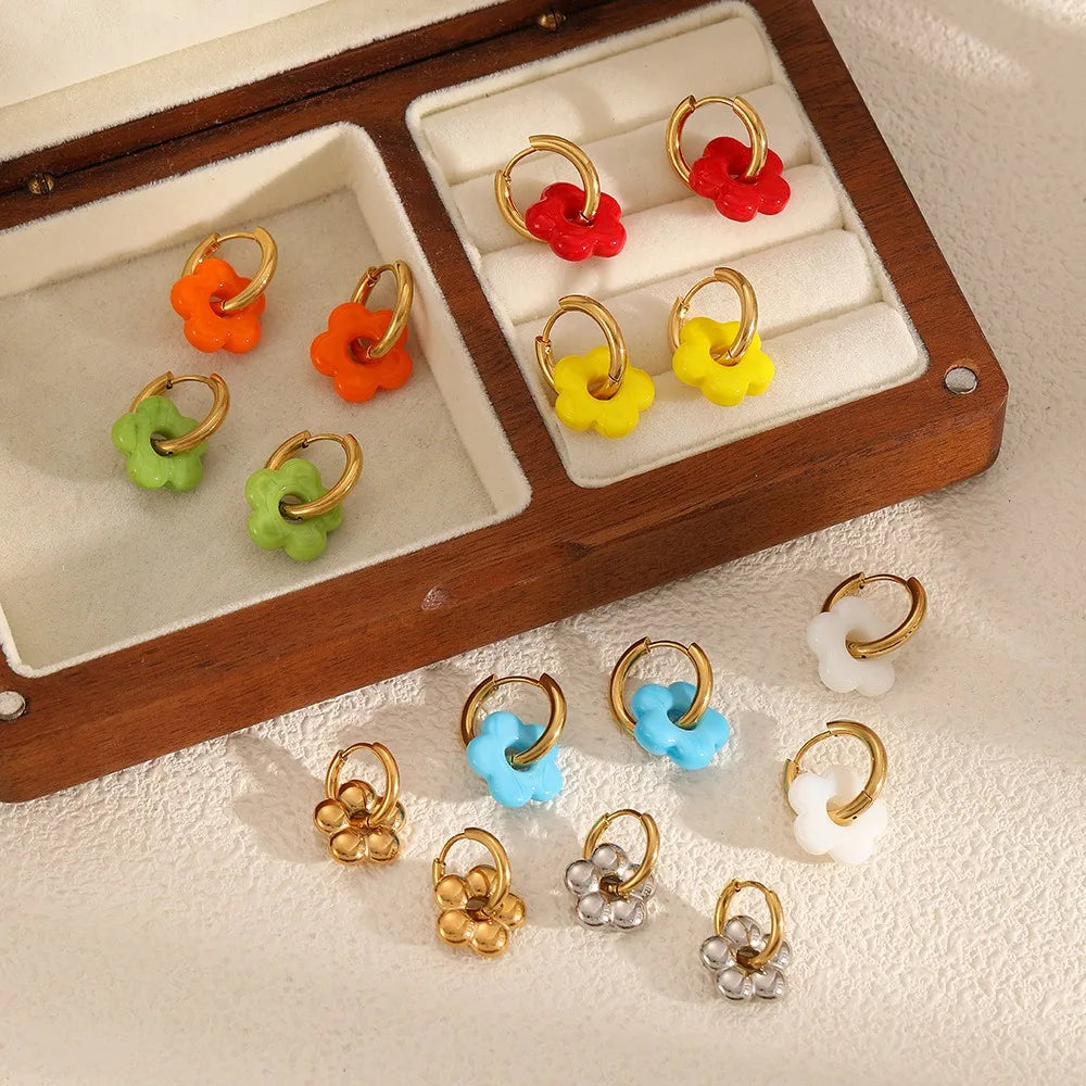 Wholesale Bulk Trendy Summer Style Stainless Steel Flower Earrings Boho Colorful for Girls with Multiple Colors Enamel