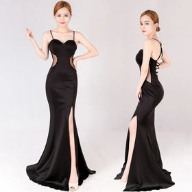 0808# Low-cut Split Halter See-through Bag Bottom Fishtail Dress Show Show Car Nightclub