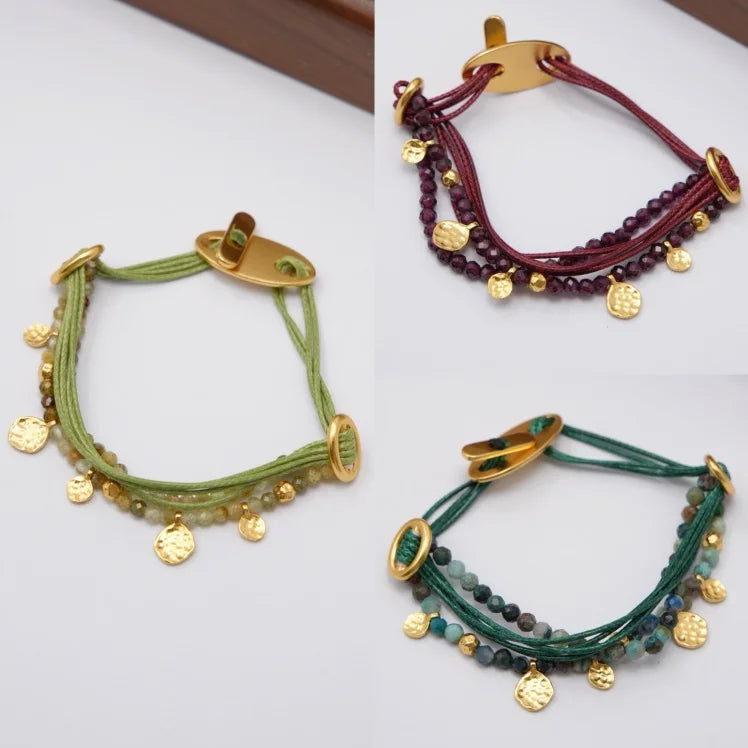 Elegant Colored Thread Gold Round Plate Crystal Bead OT Buckle Bracelet