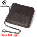 AndoBag Short Wallets for Men RFID Block Genuine Cow Leather Zipper Wallet with Chain Strap Fashion Coin Purse 8889