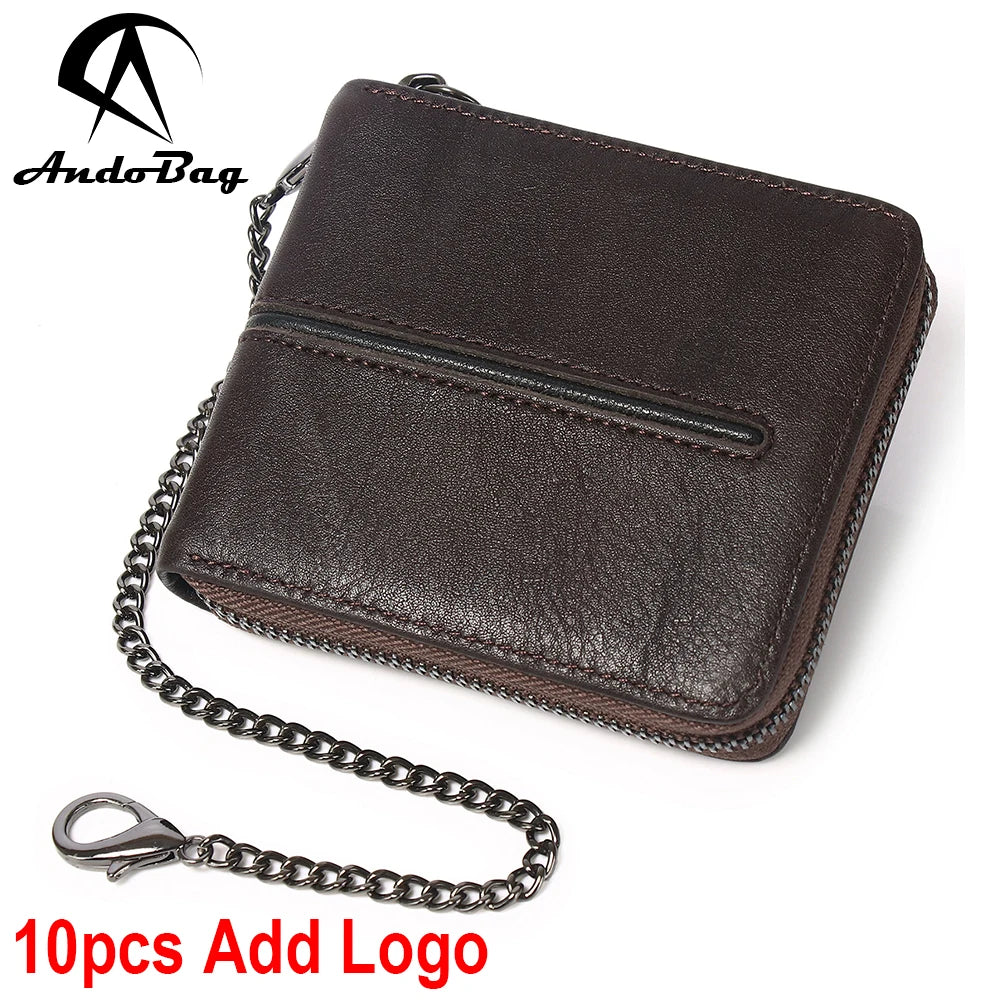 AndoBag Short Wallets for Men RFID Block Genuine Cow Leather Zipper Wallet with Chain Strap Fashion Coin Purse 8889