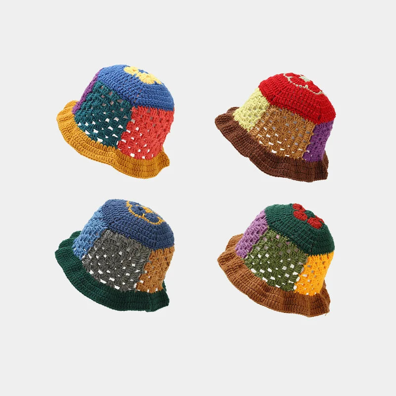 Handmade Crochet Woven Hat Hollow Knitted Breathable Sun Caps Color Block Bucket Hat for Fishing Casual Travel Cycling Daily Use