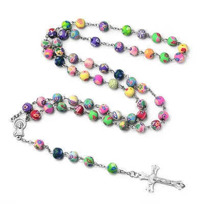 Polymer Clay Necklace Bead Rosary Long Necklace Cross Virgin Christian Catholic Jewelry Rosary Bead Necklace for Women Men