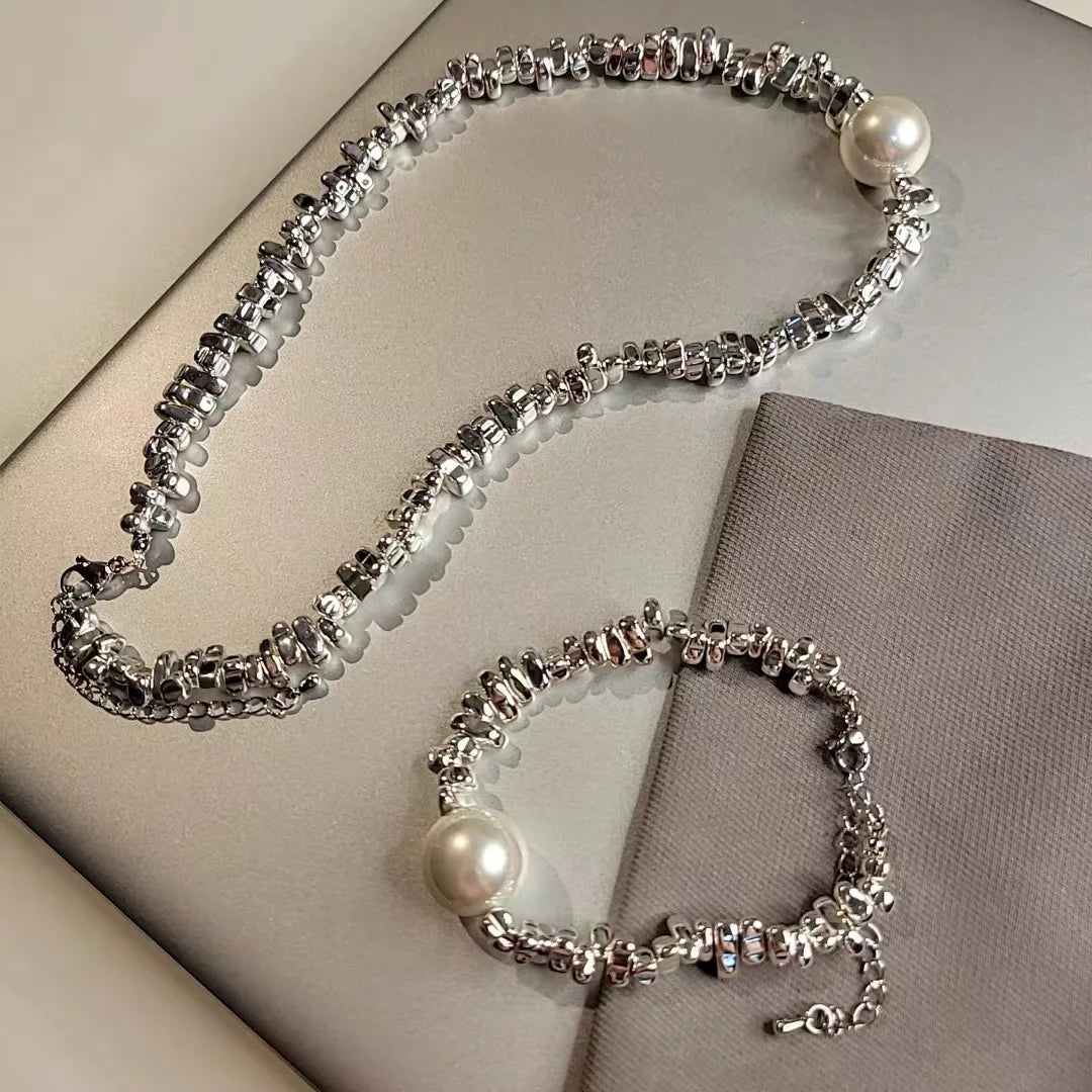 New Fashion Beads Exquisite Simple Big Pearl Silver Jewelry Sets Women Fine Jewelry Accessories2023