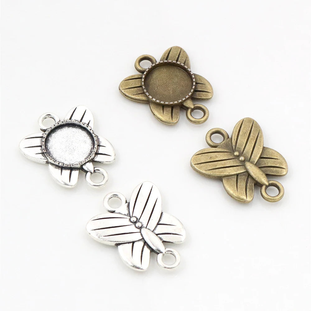 12mm Inner Size Antique Bronze Silver Plated Butterfly  Cabochon Base Cameo Setting Charms Pendant