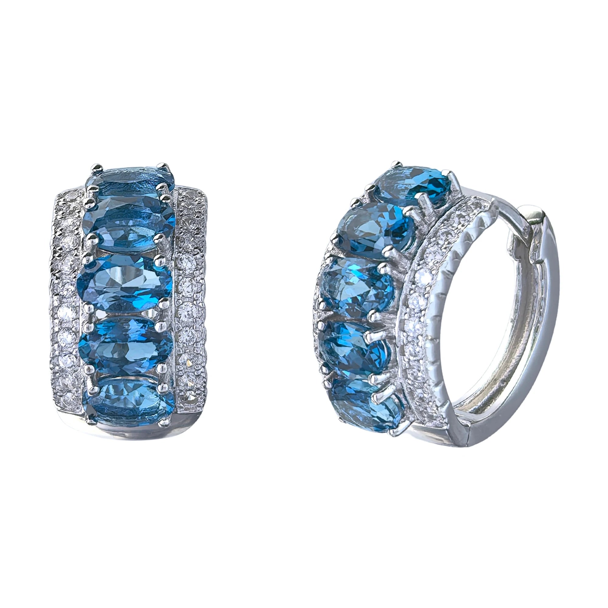 Factory Wholesale Rhodium Plated 925 Sterling Silver Oval Cut Natural London Blue Topaz Hoop Earrings for Women Anniversary Gift