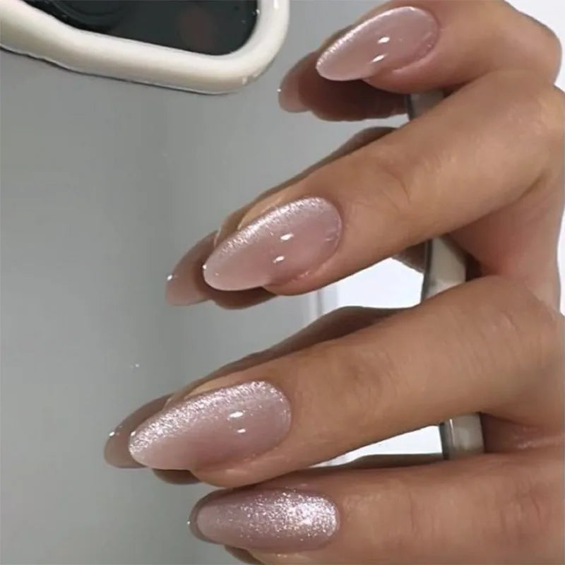 24 Pcs 3727 Sweet Pink Cat Eye Short Almond Shape Nails Press on Nails Artificial Fingernails