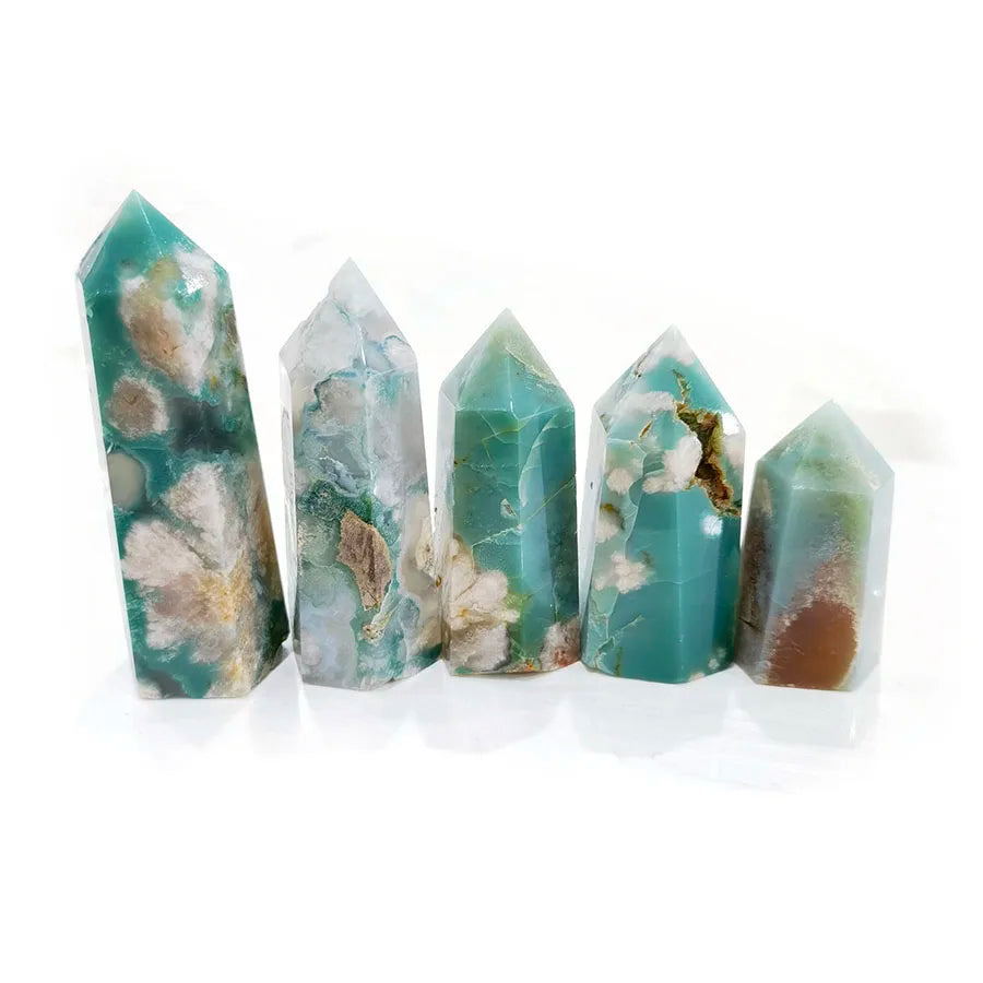 Green Flower Agate Tower Natural Green Sakura Agate Point 4-9 cm Rare Cherry Blossom Agate
