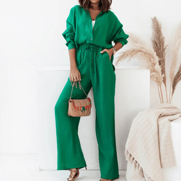 10%OFF Casual Women Tracksuit Pant Suit Summer Long Sleeve Shirt Wide Leg Pants 2 Pieces Set Female Lady Fashion New