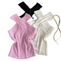 Summer Knitted Sleeveless Shirts Women Cropped V-Neck Slim Tank Tops Girl Short Solid T-Shirt Camisole Tees Top 50%