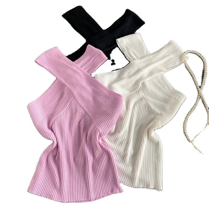 Summer Knitted Sleeveless Shirts Women Cropped V-Neck Slim Tank Tops Girl Short Solid T-Shirt Camisole Tees Top 50%