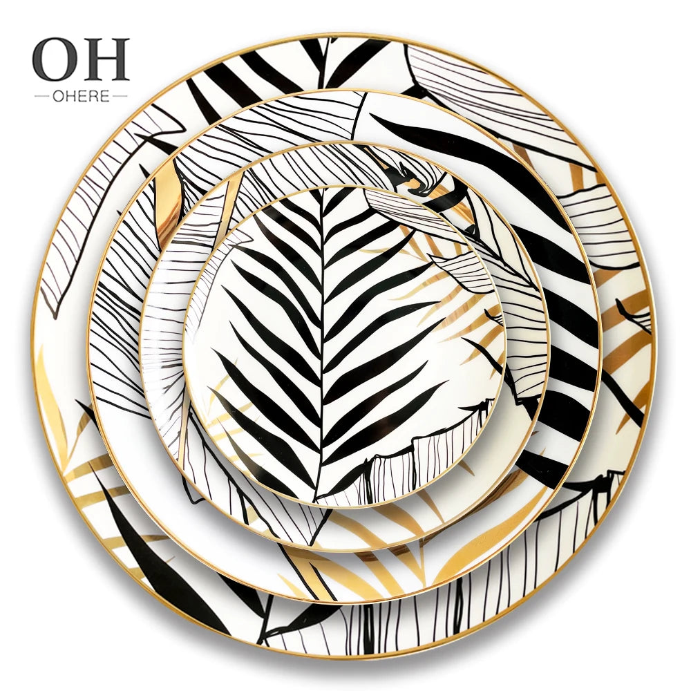 Luxury Wedding Dinnerware Set with Gold Rim Royal Customized Bone China Christmas Black Plates Sets Dinnerware for Wedding&party MegaBDM