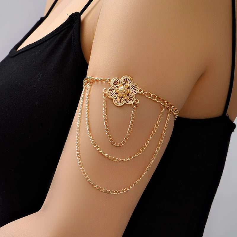SC New Gold Plated Flower Upper Arm Bracelet Hollow Flower Adjustable Arm Bracelet Multi Layer Upper Arm Cuff Bracelet for Women
