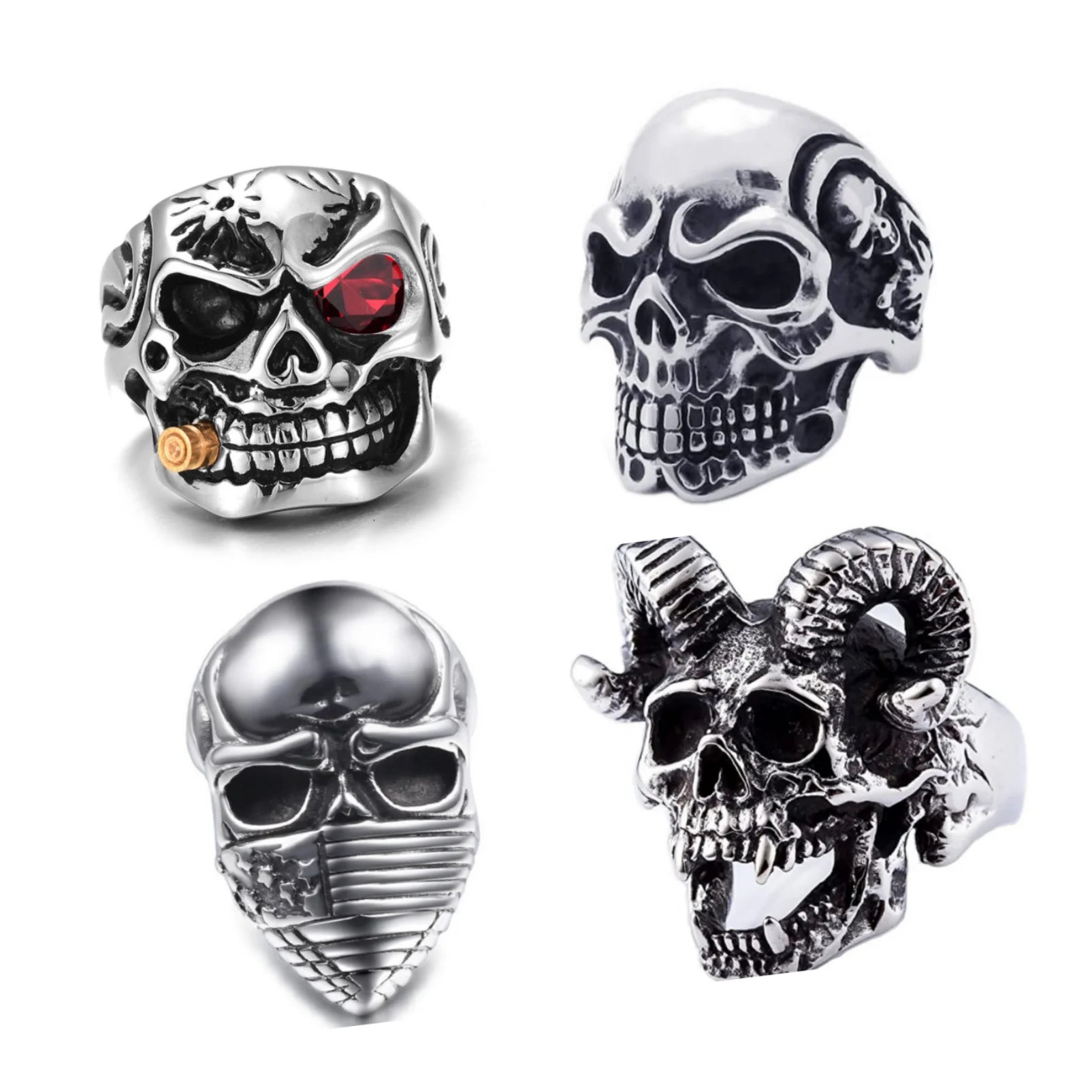 DAIHE Wholesale Gothic Czech Diamond Knuckle Skeleton Rings Vintage Silver Carved Cross Chunky Skull Rings for Men