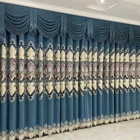 Factory Wholesale 100% Polyester Embroidered Fabric Blackout Blue Curtain Stock