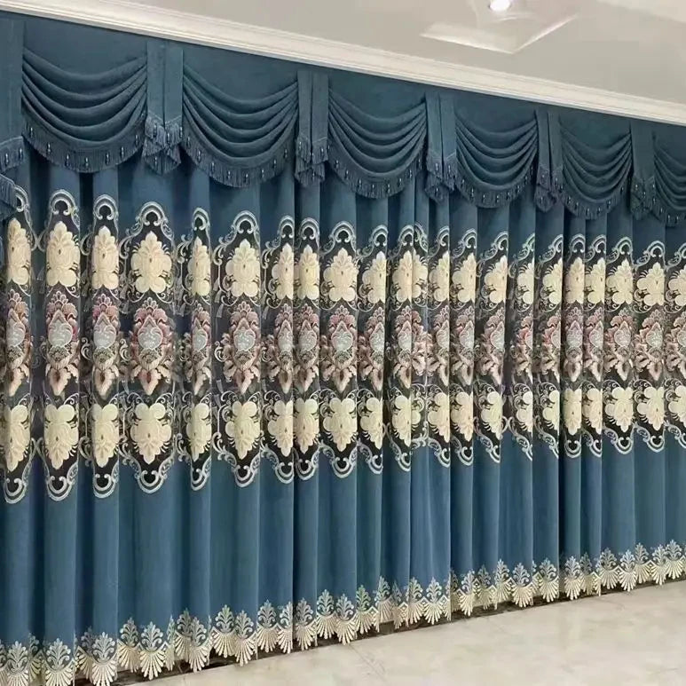 Factory Wholesale 100% Polyester Embroidered Fabric Blackout Blue Curtain Stock