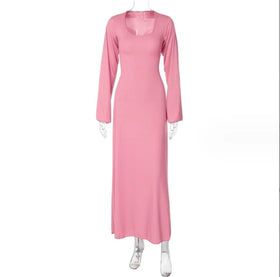 Women's Autumn New Fashion Loose U-Neck Slim Lace up Long Sleeved Dress