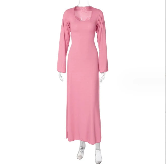 Women's Autumn New Fashion Loose U-Neck Slim Lace up Long Sleeved Dress