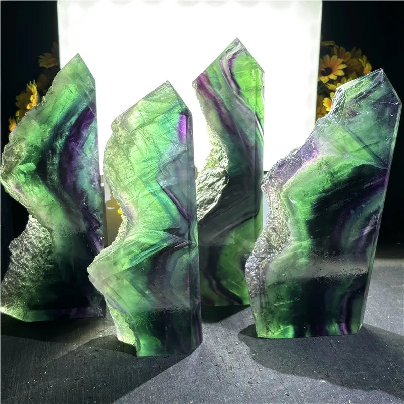 Hot Sale Polished Crystal Tower Rainbow Fluorite Raw Tower for Healing Home Fengshui Decoration