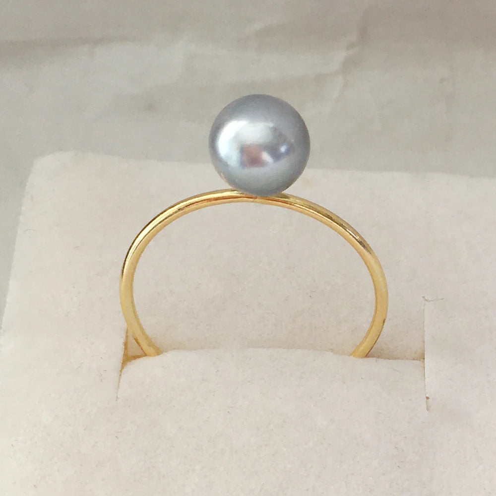 High Quality AA Natural Akoya GRAY Pearl Gold Filled Ringreal 14k Gold Filled Tahitian Pearl Ring 6-8 mm Pearl Girls