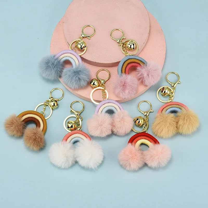 Bohemian Rainbow Soft Eco-Friendly Durable Keyring Fake Rabbit Fur Fluffy Pom Pom Ball Keychain for Women Girls Cute Fashion Bag