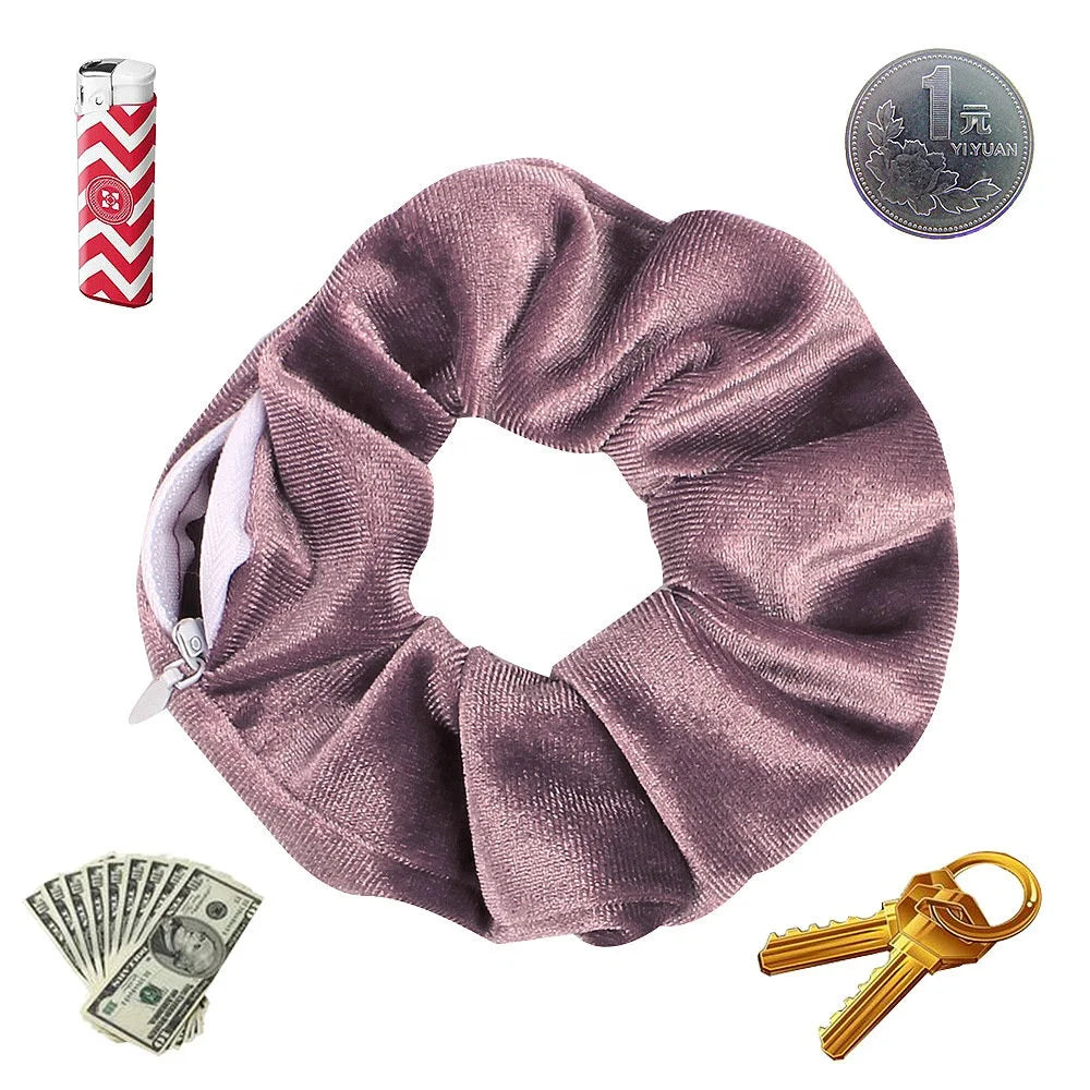 Ziming 40 Colors Velvet Large Pocket Zipper Scrunchies Ponytail Elastic Hair Band Hair Rings Ties for Sports Exercise