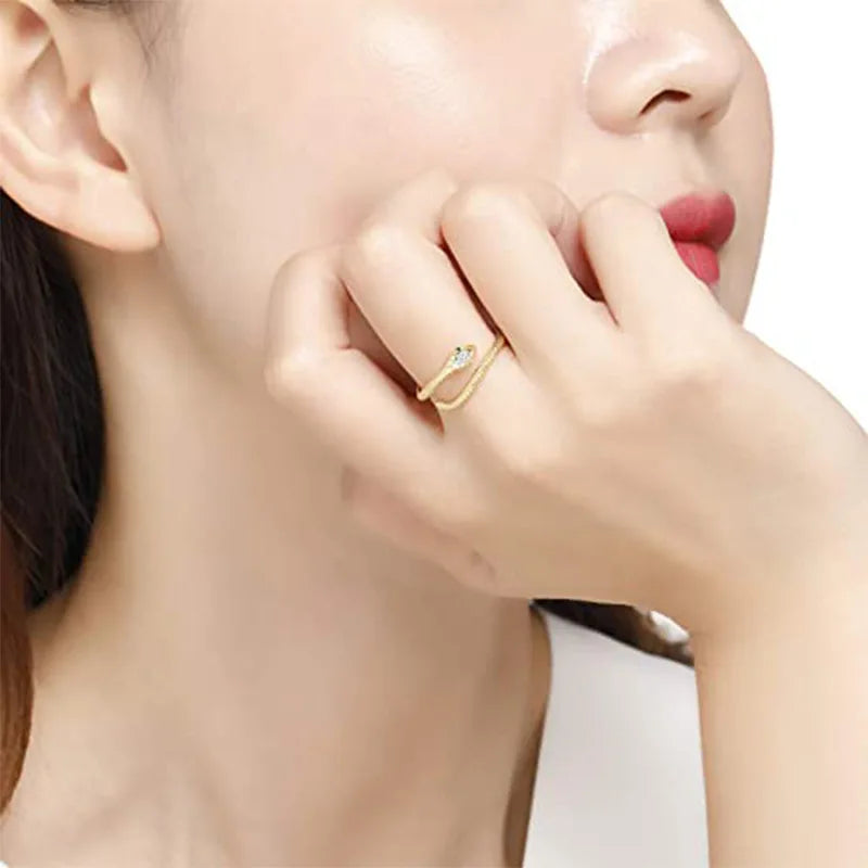Hot Jewelry Croissant Cowhorn Thread Twist Adjustable Opening  18K Gold Plated Chevron Snake Shaped Zircon Ring for Women