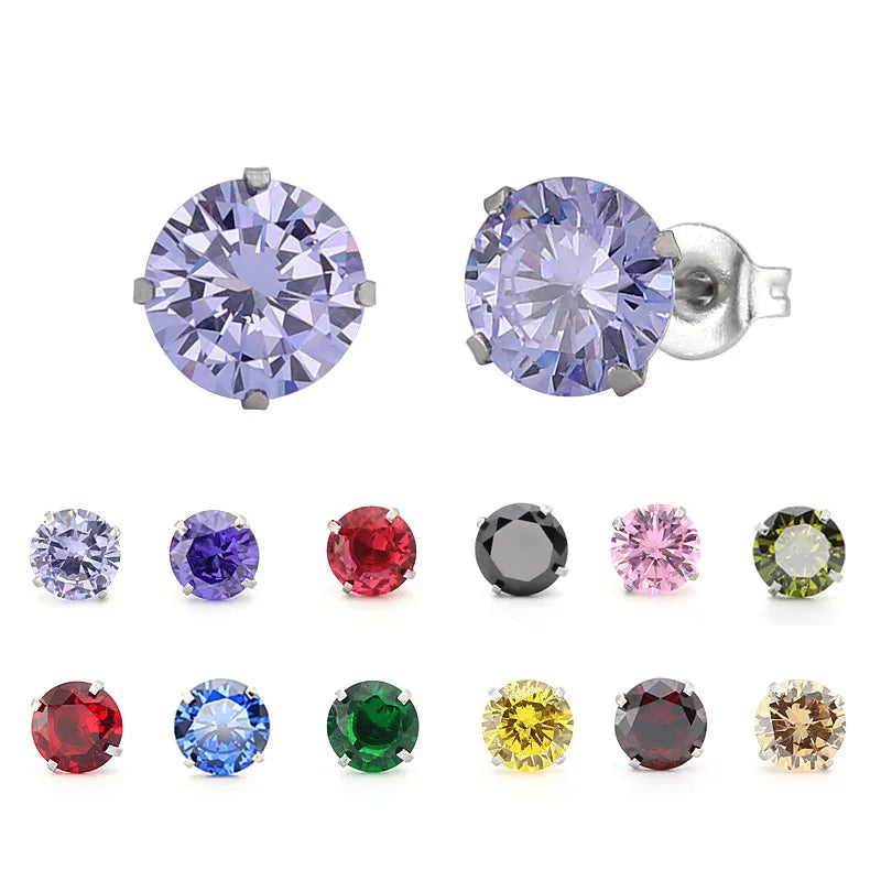 New 5mm Titanium Steel Stud Stainless Steel 4-claw Round Zircon Colorful Zircon Earring Studs with Zircon