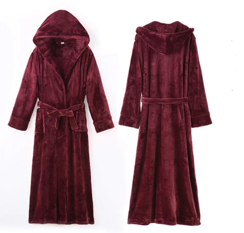 Autumn and Winter Thickened Extended Bathrobe Women's Winter Coral Fleece Men's Hooded Pajamas Couple Hooded Flannel Pajamas