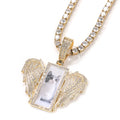 Customized 18K Real Gold  Picture Ice Square Wing Pendant Necklace Hiphop Rock DIY Rope Zircon Pearl Anniversary Memorial Gift