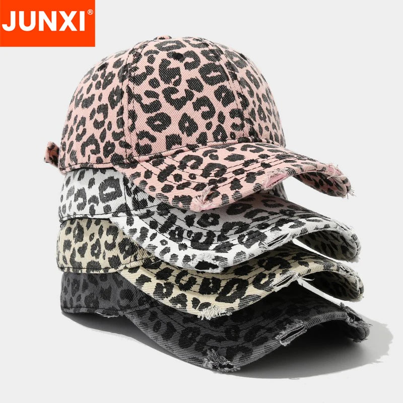 Adjustable 6-Panel Dad Hat Unstructured Leopard Baseball Cap with Embroidered Pattern Customizable Sporty Cap Cotton Fabric