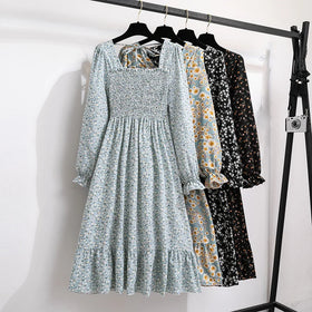 Bohemian Pleated Women Chiffon Long Dresses Casual Beach Floral Print Long Sleeve Lady Woman Midi Dress