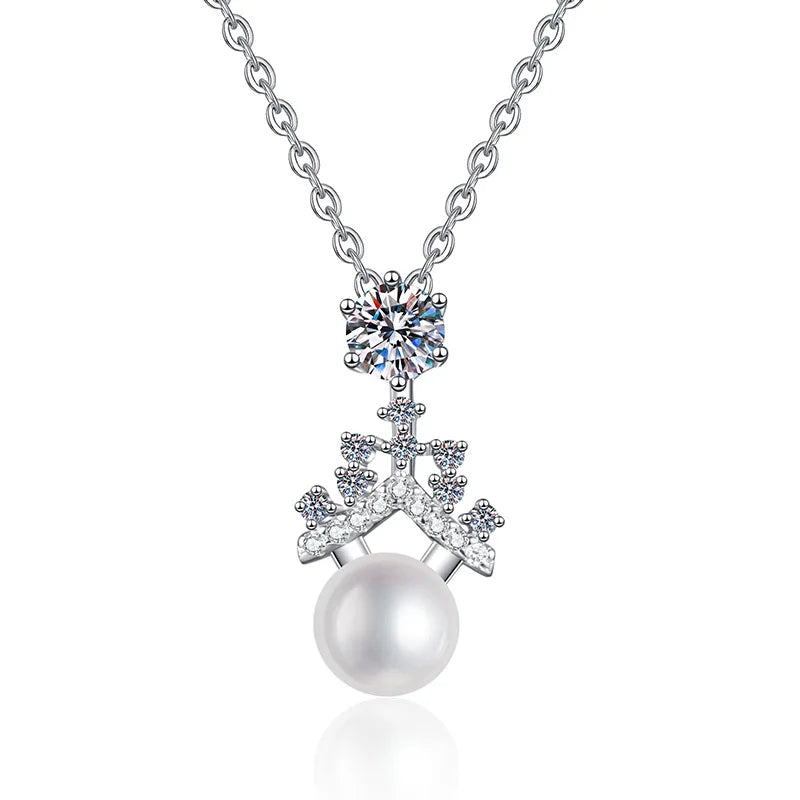 S925 Sterling Silver Natural Freshwater Pearl Pendant Moissanite Necklace