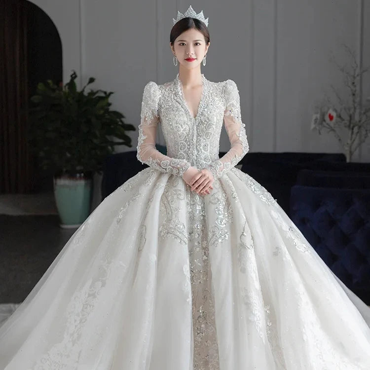 S8297F New Ball Gown Princess Luxury Glitter v Neck Arabic Marry Shiny 4XL a Line Wedding Dress