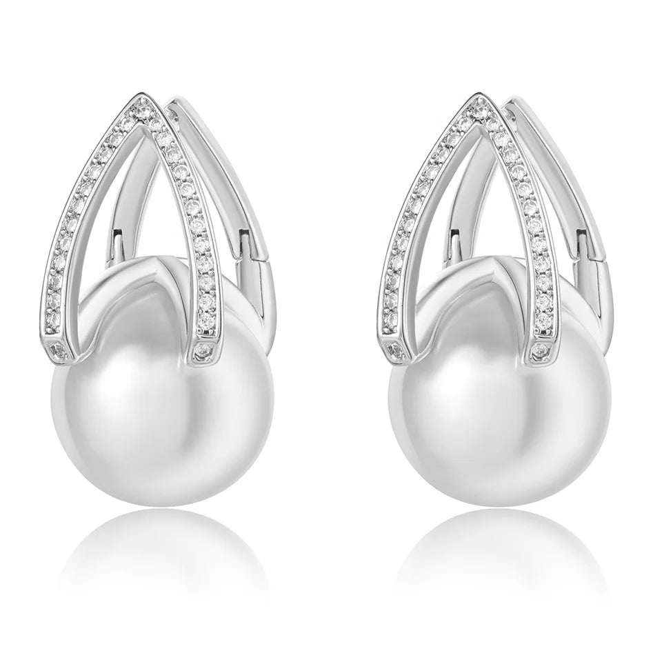 2024 New Silver Metal Inlaid Zircon Bright White Gray Pearl Earrings for Women Banquet Jewelry Customized