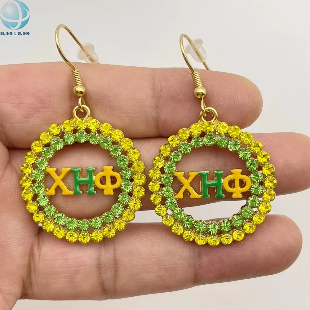 CEP Handmade Greek Chi Eta Phi Earrings Brooches Green Yellow Crystal Letter Round Sorority Earrings