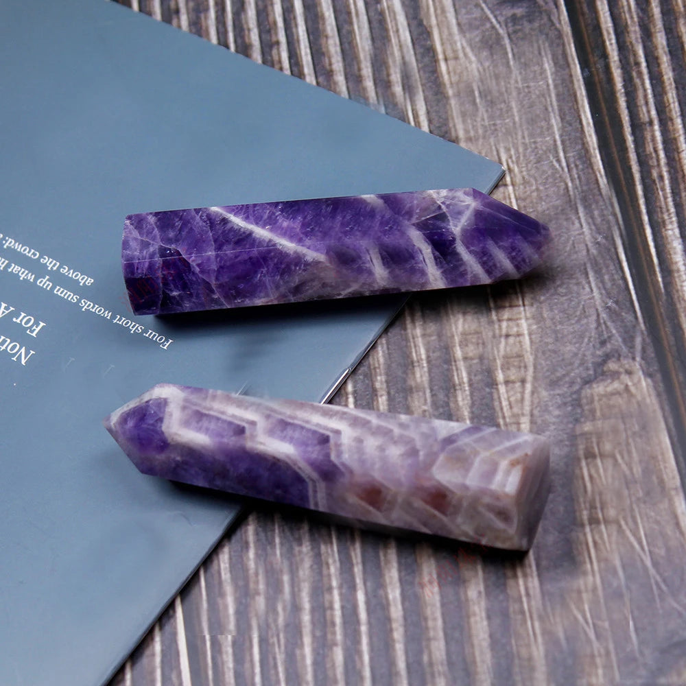 Natural Dream Amethyst Tower Hexagon-shaped Reiki Chakra Stone Faceted Prism Wand Polished Healing Crystal Wand
