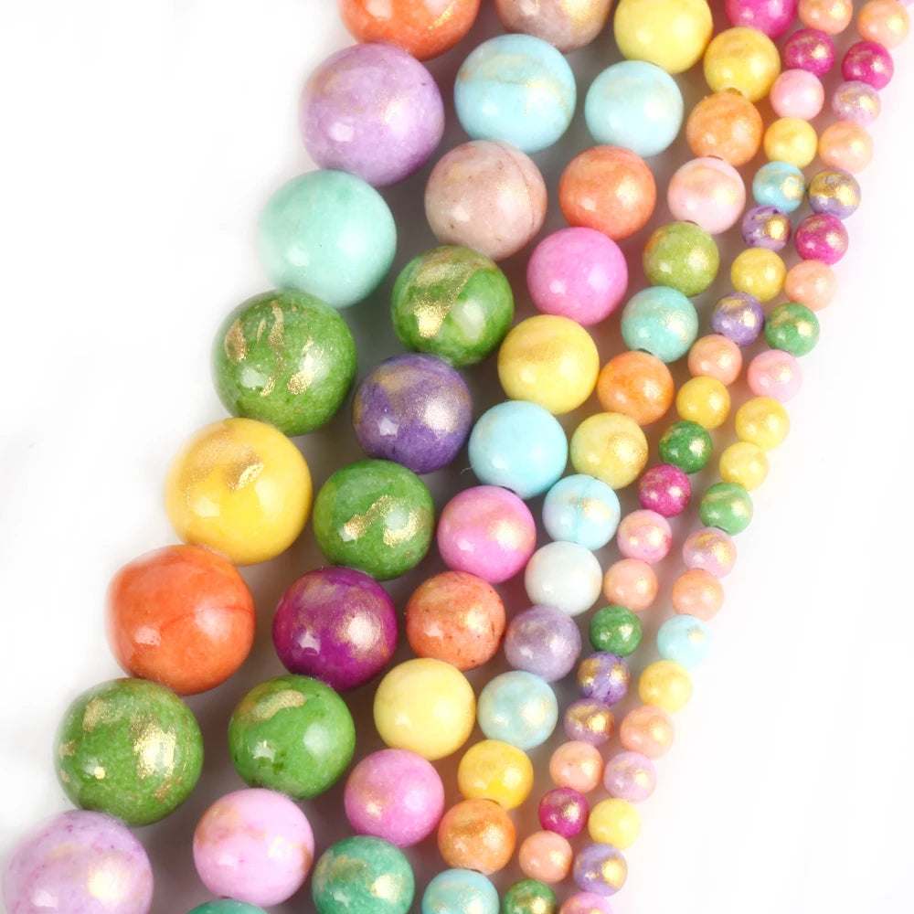 AsVrai U Natural Stone Beads Colorful Plated Gold Color Jade Spacer Loose Round Beads for Jewelry Making  Bracelets Accessories