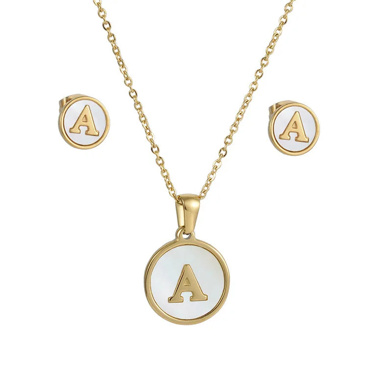 A-Z Fashion Jewelry 2 Set Gold Plated White Mop Letter Stainless Steel Pendant Necklace & Earring for Women's Party Wear