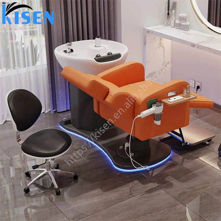 KISEN Luxury Washing Chair Shampoo Bed Hair Salon Washing Chair Electric Washing Chair With Ceramic Basin for Barbershop
