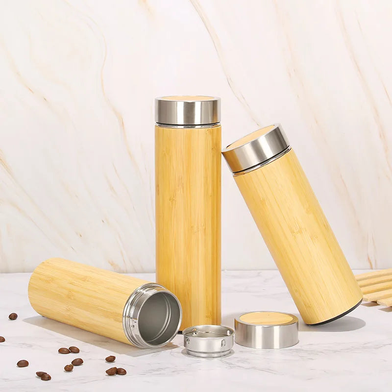 Wholesale Factory 350ml 450ml Bamboo Water Bottle Vacuum Stainless Bottle Tea Tumbler Coffee Mugs and Cups with Lids