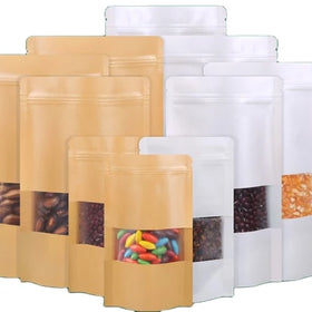 Stand up Brown Kraft Paper Resealable Zip Lock Heat Sealable Food Storage Doypack Pouch Packet With Matte Window